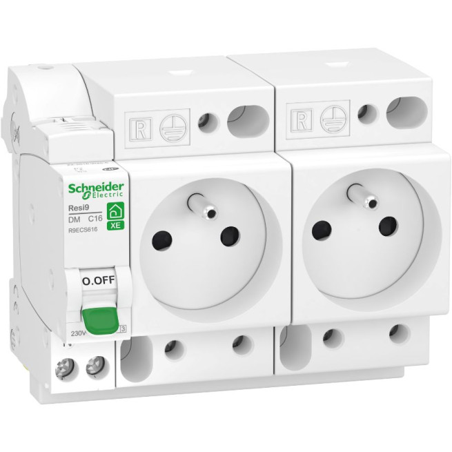 Combiné disjoncteur + 2 prises de courant - 1 P + N - 16 A - Courbe C - Embrochable - Resi9 XE