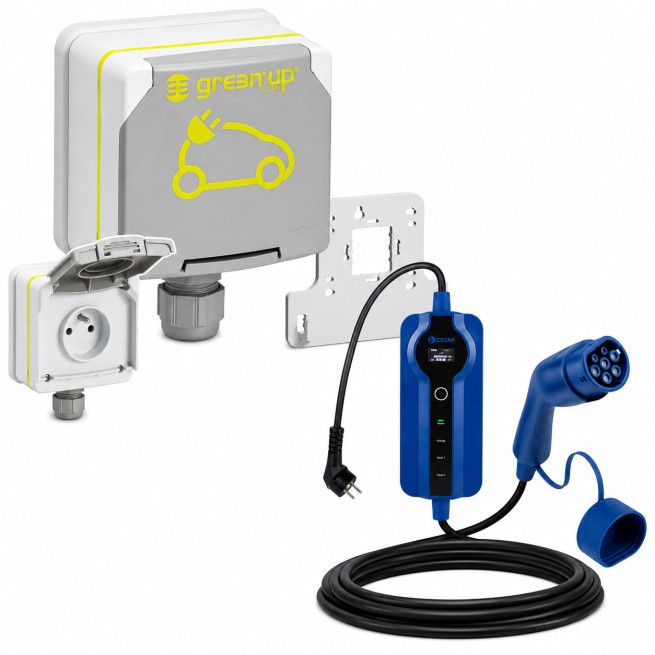 Pack Prise Green'Up Legrand 16A IP66 + Câble Type 2 3,7 kW 5 m pour Voiture Électrique