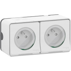 Double prises de courant 2P+T - Horizontale - Précâblées - Saillie - IP55 - IK08 - Blanc - Mureva Styl