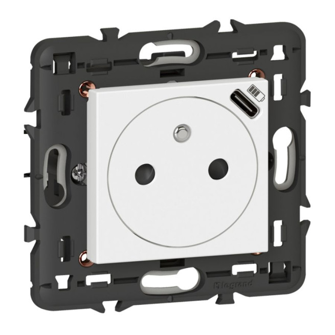 Prise de courant 2P + T + Chargeur USB C - Avec support - 2 modules - Mosaic