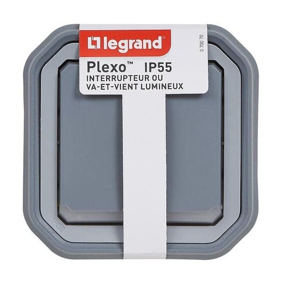 Interrupteur ou va-et-vient lumineux étanche Plexo 10A livré complet pour montage en encastré avec griffes gris