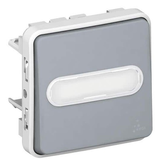 Poussoir NO lumineux étanche avec porte-étiquette Plexo composable IP55 10A - gris