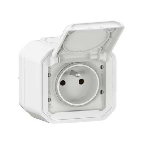 Prise de courant 2P+T étanche Plexo 16A 250V IP55 IK08 livrée complète pour fixation saillie - blanc