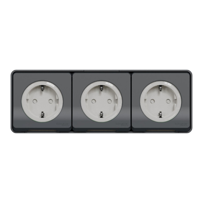 Triple prises de courant 2P+T - Schuko - Horizontale - Précâblées - Saillie - IP55 - IK08 - Gris - Mureva Styl