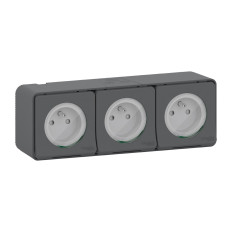 Triple prises de courant 2P+T - Horizontale - Précâblées - Saillie - IP55 - IK08 - Gris - Mureva Styl