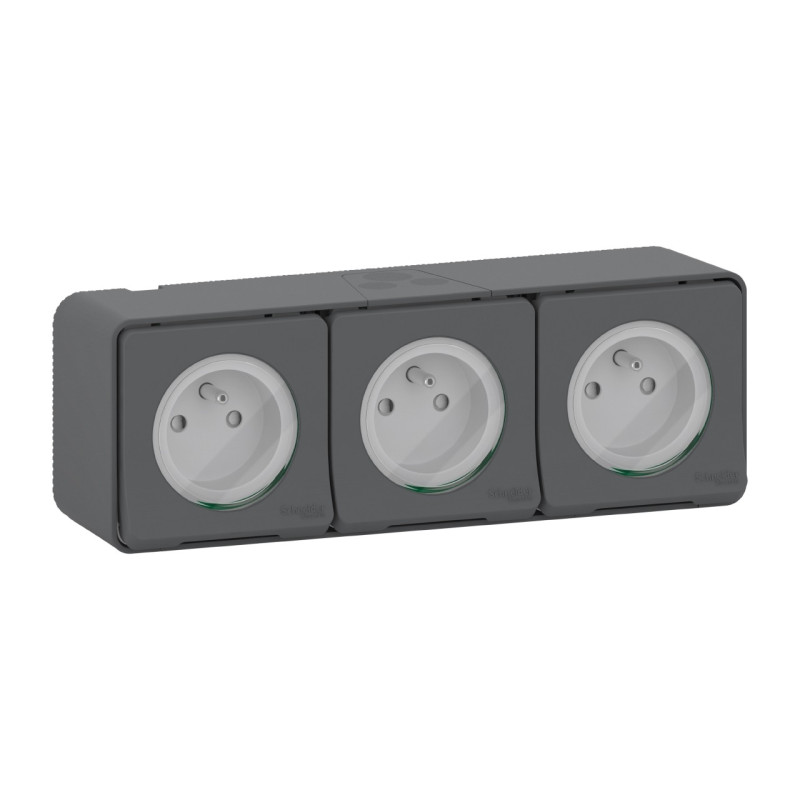 Triple prises de courant 2P+T - Horizontale - Précâblées - Saillie - IP55 - IK08 - Gris - Mureva Styl