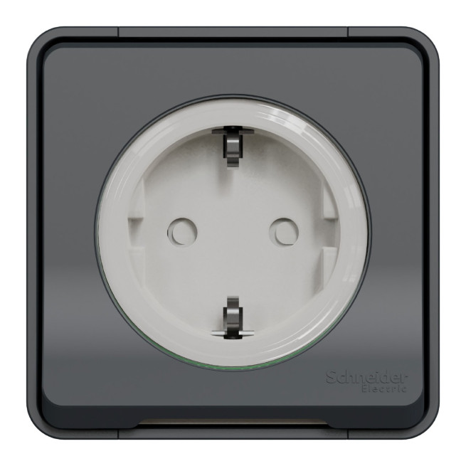 MUR36034-Appareillage-étanche-sup-IP55 Mureva-Styl-Prise-de-courant-2P+T-schuko-saillie-IP55-IK08-gris