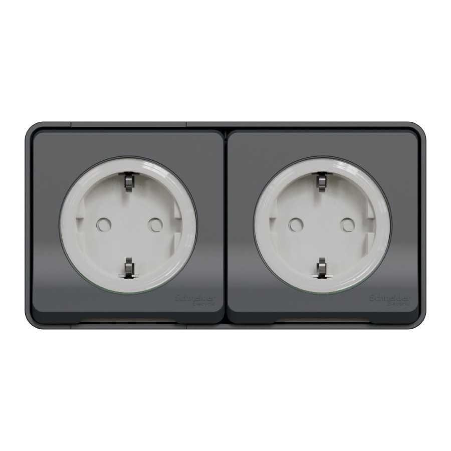 MUR36029-Appareillage-étanche-sup-IP55 Mureva-Styl-Double-PC-2P+T-schuko-précâblée-horiz-saillie-IP55-IK08-gris