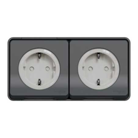 Double PC 2P+T schuko précâblée horiz saillie IP55 IK08 gris Appareillage étanche sup IP55 Mureva Styl