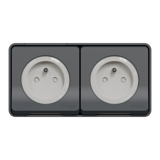 Double prises de courant 2P+T - Horizontale - Précâblées - Saillie - IP55 - IK08 - Gris - Mureva Styl