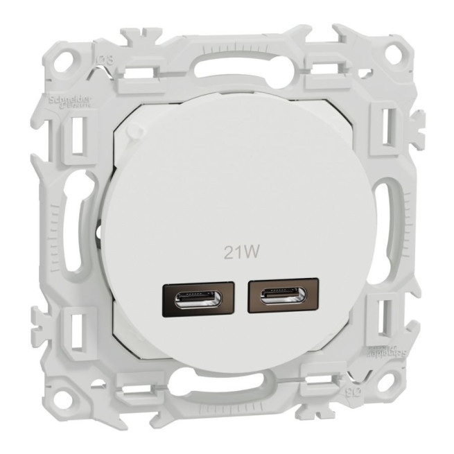 Chargeur double USB-C 21 W Odace Schneider Electric – Power Delivery mural