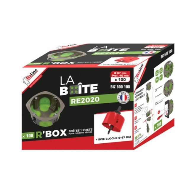 Pack 100 boîtes d’encastrement Ø 67 mm 40 mm Bizline R’Box avec scie cloche