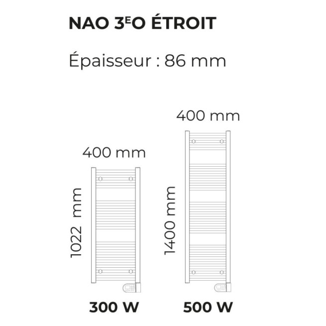 Sèche-serviettes électrique Intuis Nao 3eO Étroit 40 cm – 300 ou 500 W