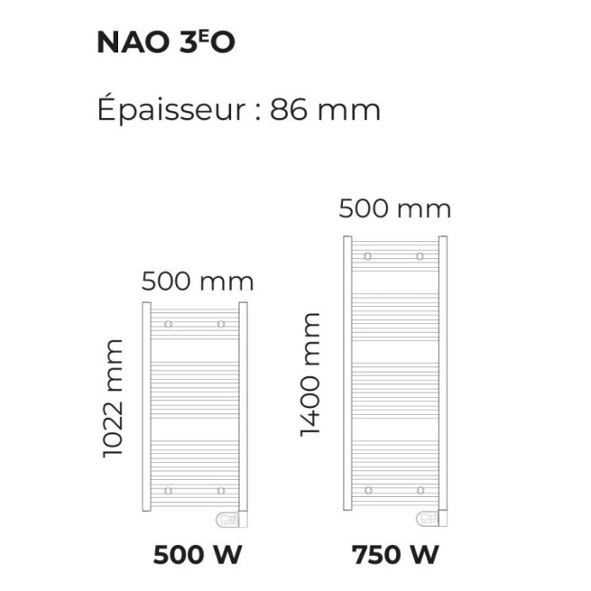 Sèche-serviettes électrique Intuis Nao 3eO Standard 50 cm – 500 ou 750 W