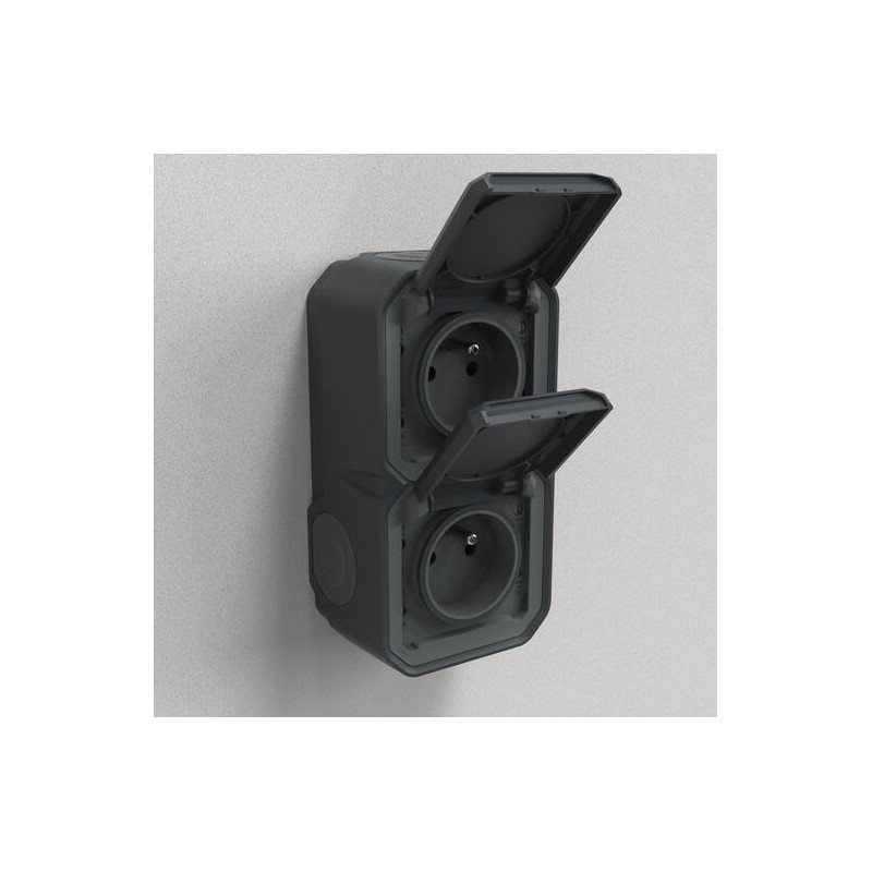 Double prise 2x2P+T verticale Anthracite Plexo
